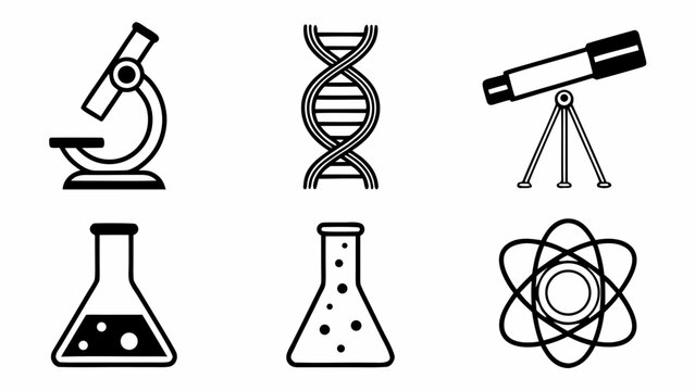 Science symbols including chemistry flask dna telescope microscope and atom on white background