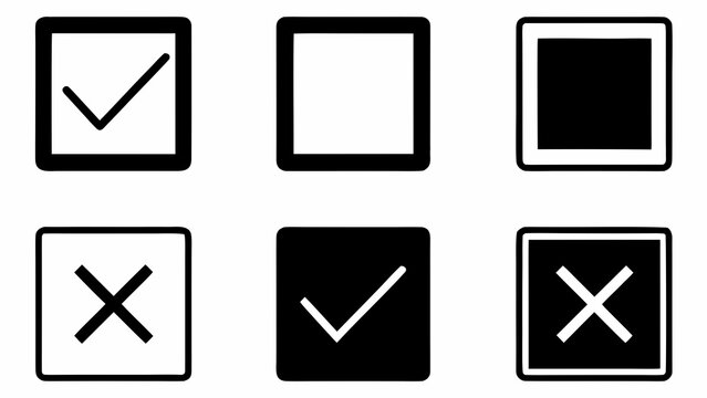 Interactive checkbox icons for app interface design in flat style including checkmark and cross symbols in black and white