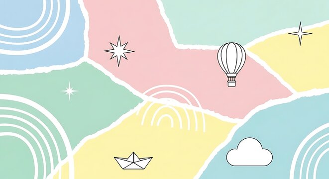 Cute pastel pattern with hot air balloon paper boat and stars on colorful shapes