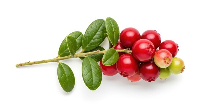Fresh Lingonberry Branch with Ripe Red Berries and Green Leaves Isolat