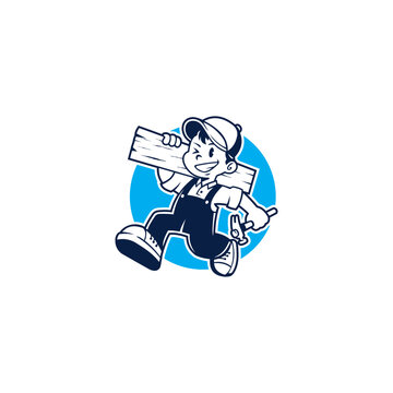 Friendly cartoon delivery worker mascot carrying wooden planks in a fun vintage illustration style, symbolizing construction, delivery service, handyman work, logistics, and reliable craftsmanship.