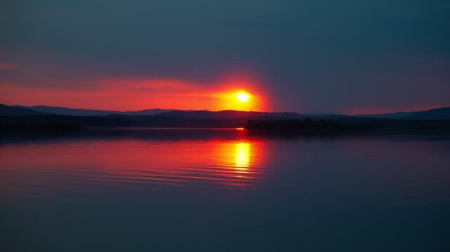 A time-lapse of the setting sun against the backdrop of a calm freshwater lake. A mirror reflection of the sunset colors on the water. Natural beauty.