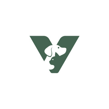 Creative logo combining the letter V with dog and cat silhouettes in minimalist geometric style, symbolizing pet care, veterinary services, animal love, trust, companionship, and professional branding