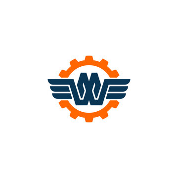 Creative industrial logo featuring a combined M and W lettermark with wing and gear elements, suitable for automotive, engineering, and technology branding.