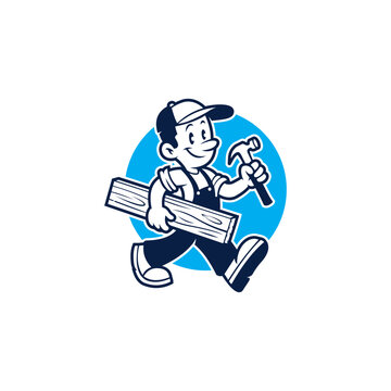 Friendly carpenter mascot carrying wooden planks and tools, perfect for construction companies, handyman services, workshops, and repair business branding.