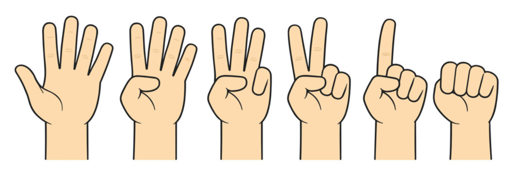 Set of cartoon hands showing different finger count gestures from five to one on a white background. Educational flat vector illustration for counting and learning numbers.