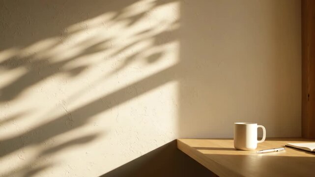 A mug and pen sit on a desk with dappled light from leaves creating patterns on the wall