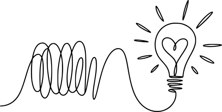 Single line of a tangled wire leading to a glowing light bulb with a heart inside
