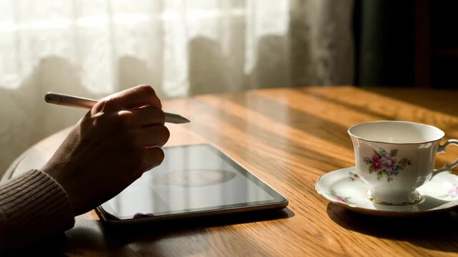 A person draws on a tablet with a stylus while enjoying tea with a beautiful floral teacup nearby