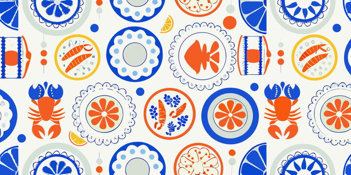 Seafood pattern with crabs fish and citrus fruit vector illustration