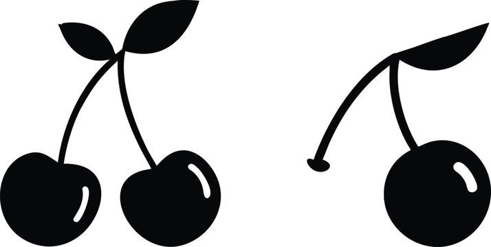 Black silhouette cherry icons with stems and leaves set isolated on transparent background for food design element usage.