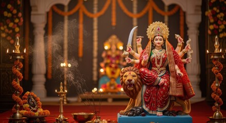 Fototapeta premium Hindu goddess statue with multiple arms performing ritual in ornate temple setting