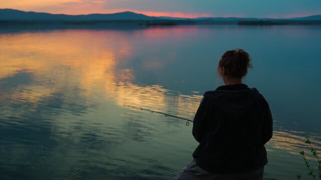 A female fisherman is fishing on a lake against the backdrop of an unusually beautiful sunset. Fishing and outdoor recreation. A healthy lifestyle. Real footage without staged elements.
