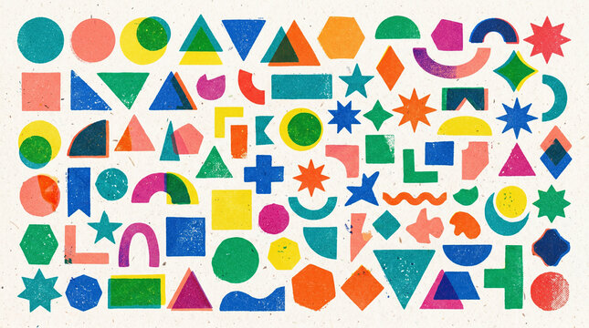 Big set of colorful geometric shapes in trendy riso graph print texture style. Diverse geometry isolated symbol bundle. Basic elements for children or creative design.