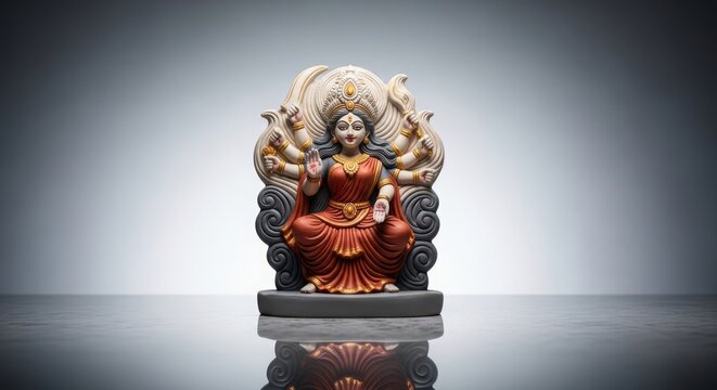Colorful statue of multi-armed deity on pedestal against misty background