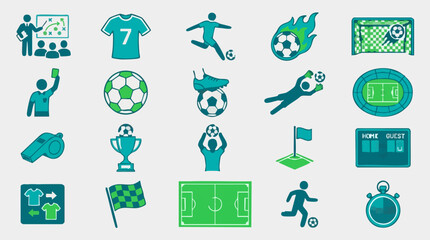 Soccer and Football Game Icons Set with Players, Equipment, and Stadium Elements © Siamart