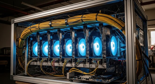 Powerful Cryptocurrency Mining Rig with Multiple GPUs and Blue LED Coo