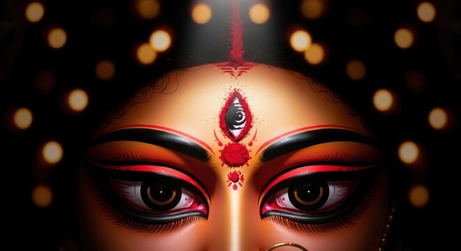 Woman with traditional bindi and decorative eye makeup in close-up portrait
