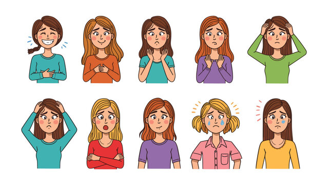 Diverse Emotional Spectrum: A collection of illustrations showcasing various expressions on women faces. each portrays a unique state of mind, from pure joy to deepest sorrow.