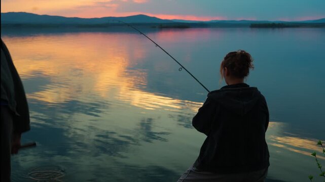 A female fisherman is fishing on a lake against the backdrop of an unusually beautiful sunset. Fishing and outdoor recreation. A healthy lifestyle. Real footage without staged elements.