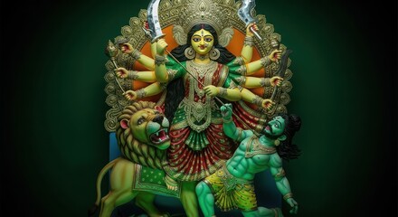 Fototapeta premium Hindu goddess Durga statue with multiple arms and lion mount in dramatic lighting