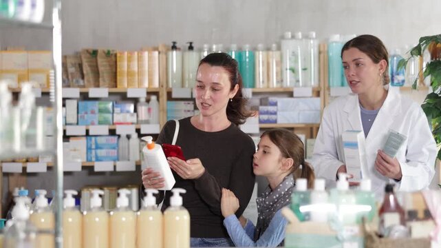 Woman with daughter in pharmacy scans QR code on cream, pharmacist in background. High quality 4k footage