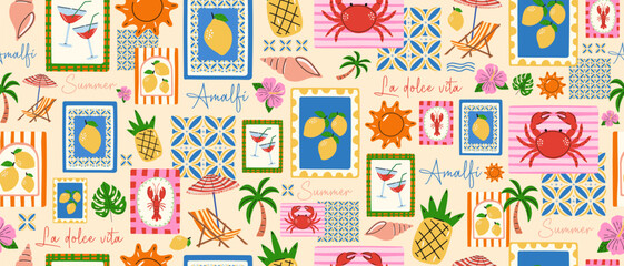 A pattern featuring symbols of the Amalfi Coast. Summer background with a travel theme featuring lemons, a crab, a palm tree and a sun lounger. A Mediterranean vacation concept. © Katerina