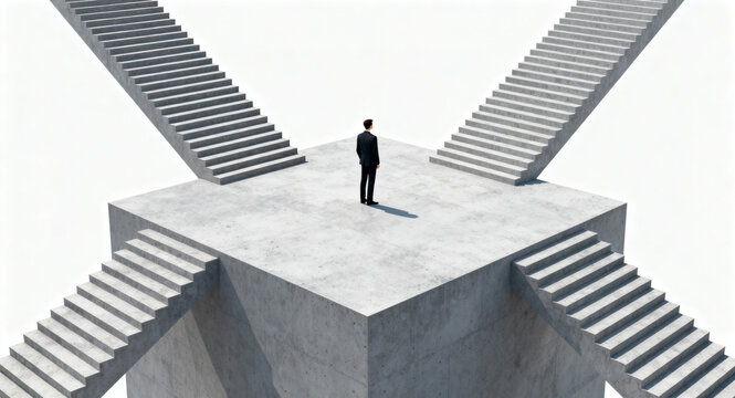 Man standing at a crossroads of decisions, choosing one of four staircases leading in different directions on a concrete platform