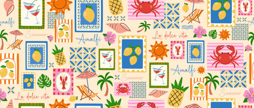 A pattern featuring symbols of the Amalfi Coast. Summer background with a travel theme featuring lemons, a crab, a palm tree and a sun lounger. A Mediterranean vacation concept.