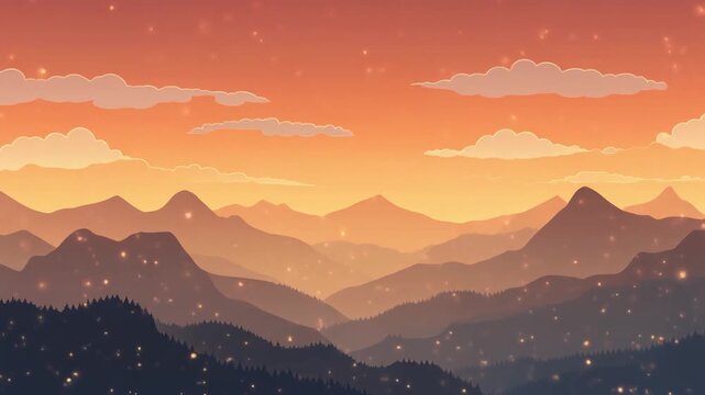 Illustration of a serene mountain range at sunset with a warm orange sky and snowflakes