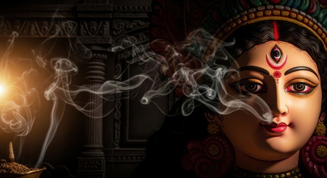 Woman with traditional bindi inhales incense smoke in dimly lit temple setting