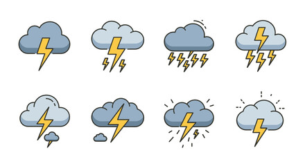 Obraz premium Weather icons graphic representations of clouds and lightning strikes on white