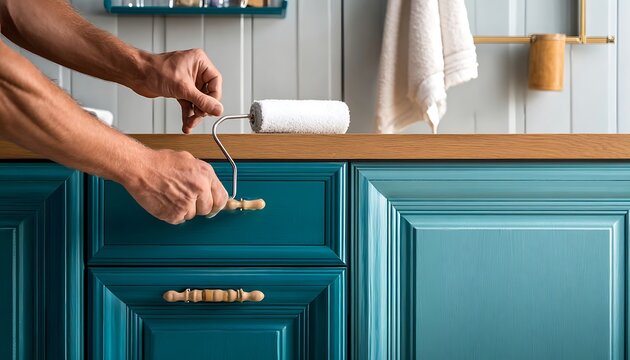 Close-animated movie of hands attaching a wooden drawer pull to a teal cabinet door in a kitchen renovation project