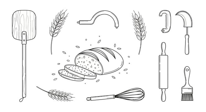 Baking tools and bread ingredients.