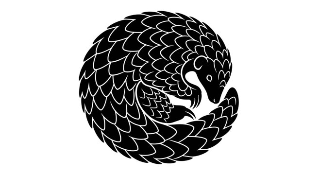Stylized Black Pangolin Curled Up, Minimalist Animal Illustration