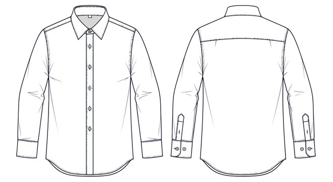Men's Long Sleeve Button-Up Shirt Flat Sketch - Front and Back View