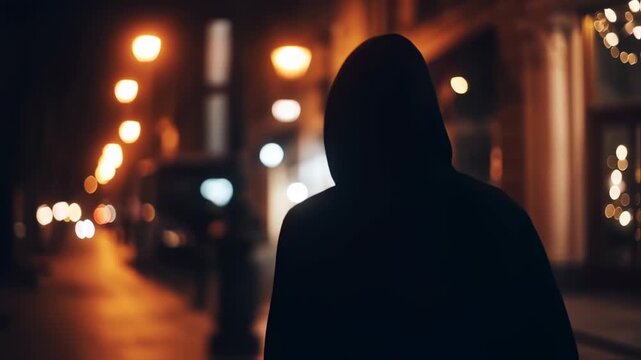 Mysterious figure walking in a dark city street at night evoking suspense