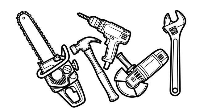 Black and white hand tools illustration chainsaw hammer drill grinder wrench