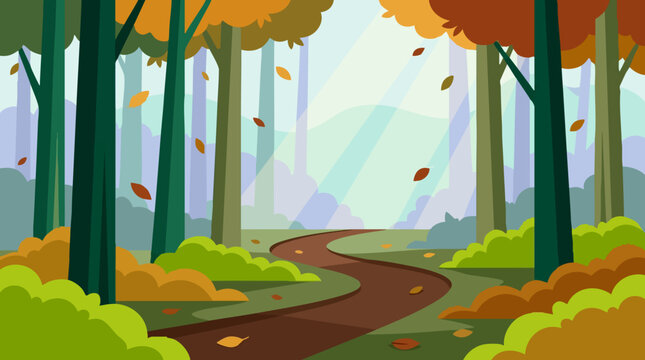 Vibrant autumn forest landscape with winding path and falling leaves