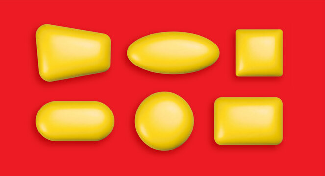 3D yellow buttons set isolated on red background. Empty realistic geometric boxes with shadows
