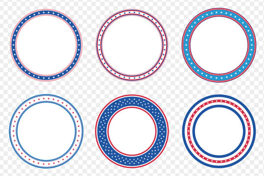 Circle badges set with red and blue stars and stripes for 4th of July. American Independence Day round frames collection