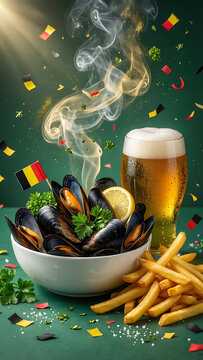 Assiette de moules fumantes avec frites et bi&egrave;re accompagn&eacute;es de condiments et confettis