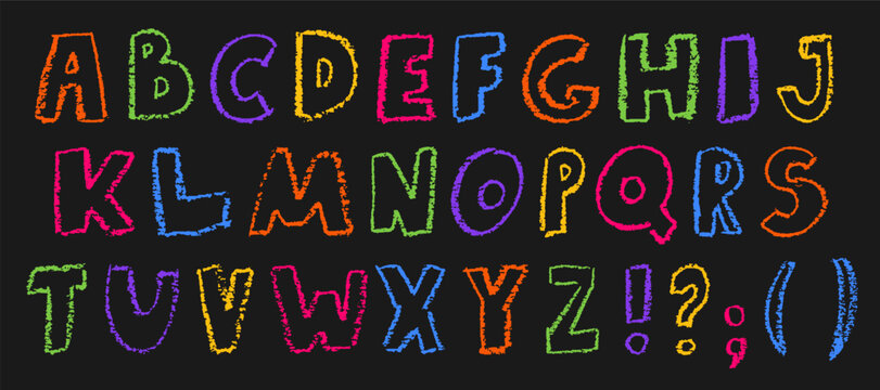 Colorful hand drawn crayon or chalk font. Doodle sketch alphabet