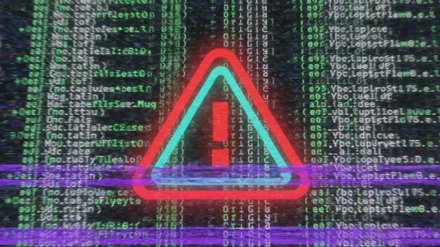 A video showcasing a neon warning sign on a background of computer code in a dark setting