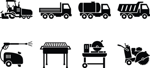 Construction and Heavy Machinery Icon Set Featuring Trucks, Dumpers, Pressure Washers, Saws, and Equipment for Industrial and Construction Applications © MDBABULU