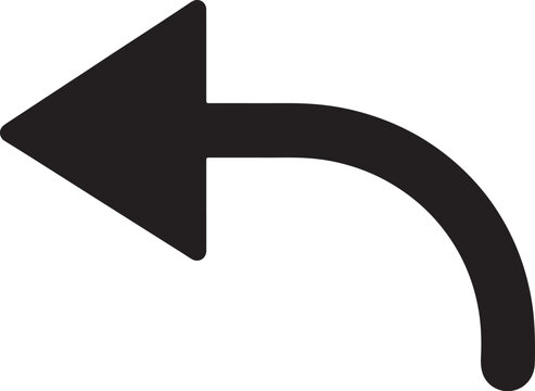 A bold black arrow with a curved tail, pointing left and slightly downwards, representing a back arrow, undo function, return action, or navigation to a previous step in also transparent background