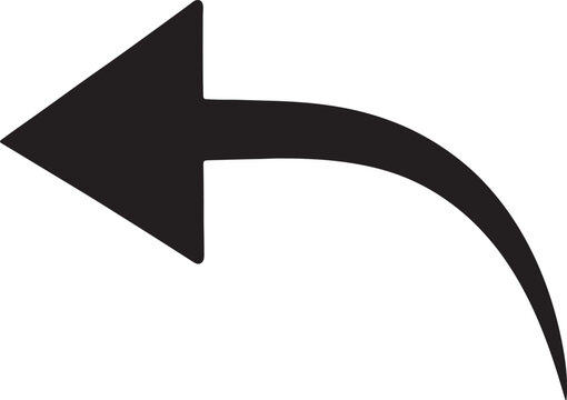 A distinct black arrow with a curved tail, pointing left and slightly downwards, symbolizing a back arrow, undo function, or navigation to a previous state in digital also transparent background