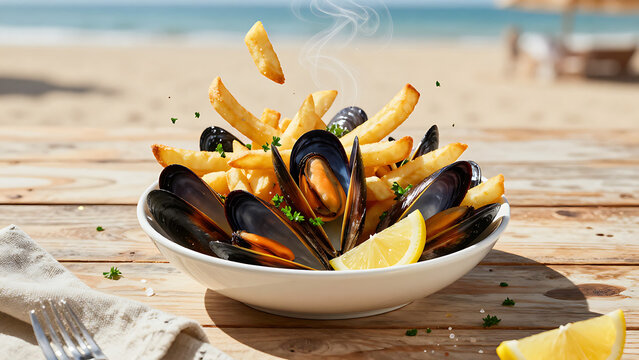 Moules marini&egrave;res servies dans un bol blanc sur une table en bois en bord de mer