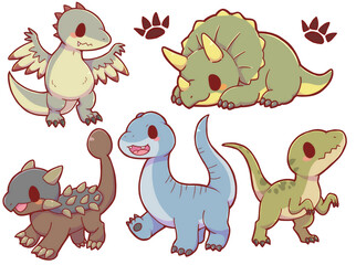 Naklejka premium Authentic Hand Drawn Cute Triceratops Dinosaur Character Set – Kawaii Chibi Prehistoric Animals Collection with Footprints for Kids Education