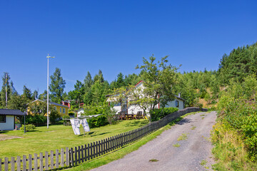 Naklejka premium Road by a summer cottage with a garden and fence a sunny summer day